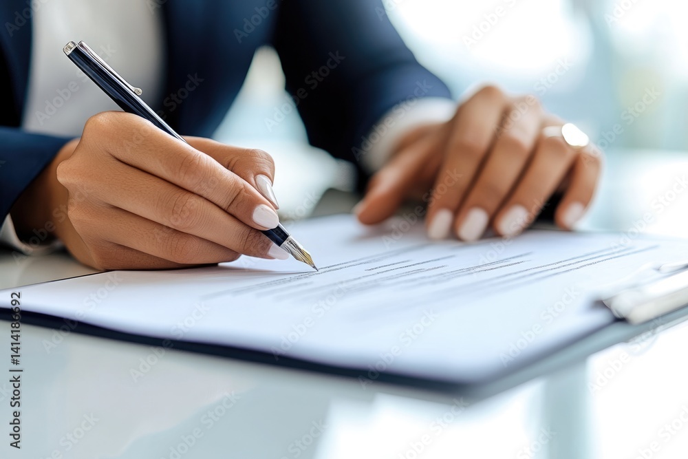A businesswoman meticulously signs a document using an elegant pen, demonstrating professionalism and attention to detail. A businesswoman meticulously signs a document using an elegant pen, demonstrating professionalism and attention to detail.