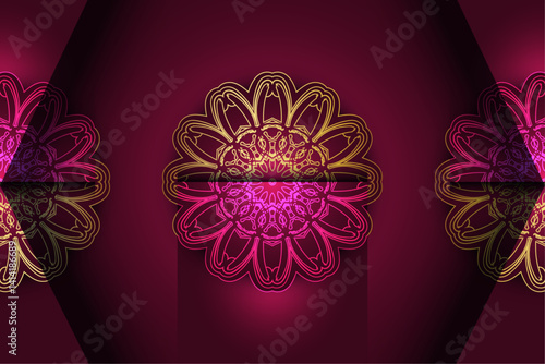Pink and gold floral artwork with intricate symmetrical details on black background

