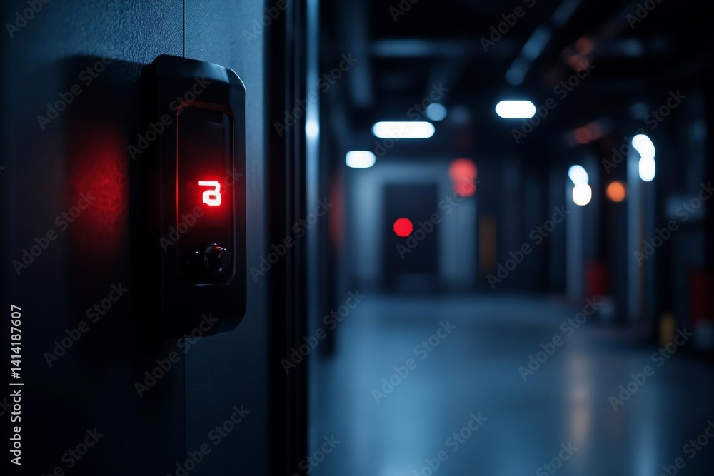 Illuminated elevator button with red display in a dim corridor with blurred background lights depicting a sense of mystery Illuminated elevator button with red display in a dim corridor with blurred background lights depicting a sense of mystery