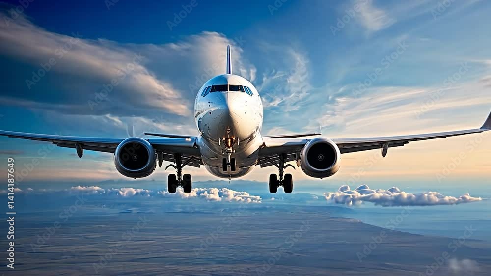 Airplane flying over clouds at sunset, showcasing vibrant sky and distant landscape Airplane flying over clouds at sunset, showcasing vibrant sky and distant landscape