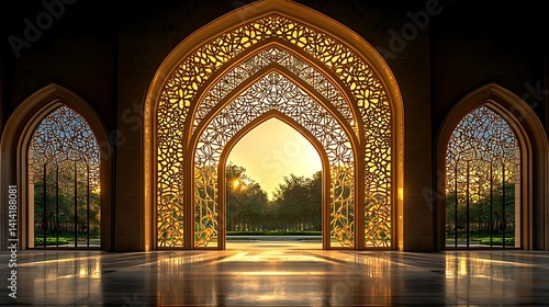 Golden arched entrance to a serene mosque  sunlight streams through intricate latticework  illuminating a tranquil garden beyond
