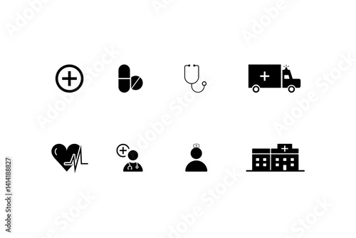 Medical icon set: plus mark, pills, stethoscope, ambulance, heart rate, doctor, nurse, and hospital icons in vector EPS 10.