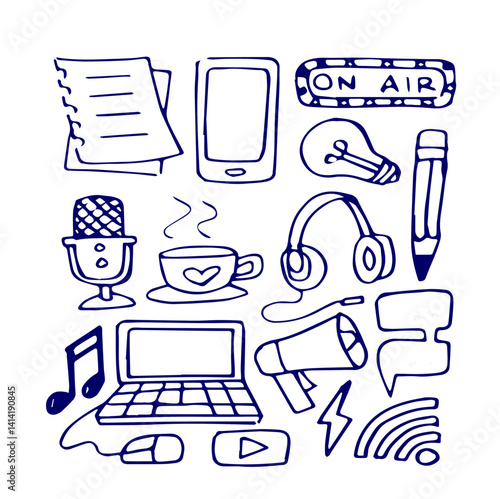 Podcasting set of hand drawn coloroful icons. Broadcasting doodle elements.