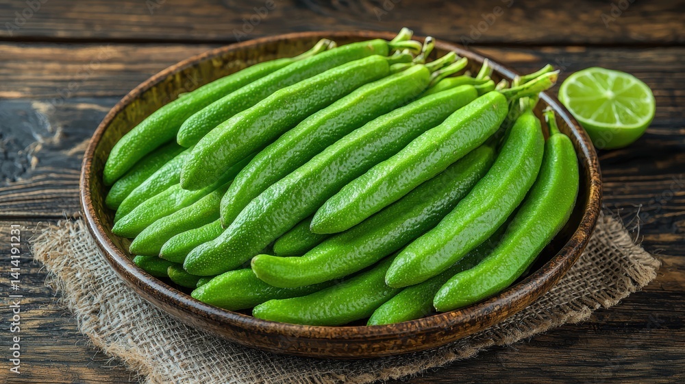 Bowl filled with fresh green beans showcasing their crisp texture and natural green color Bowl filled with fresh green beans showcasing their crisp texture and natural green color