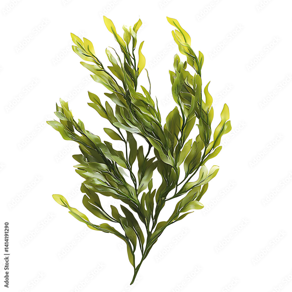 Detailed green seaweed fronds with curved leaves branching in different directions showing vibrant natural texture on a transparent background
