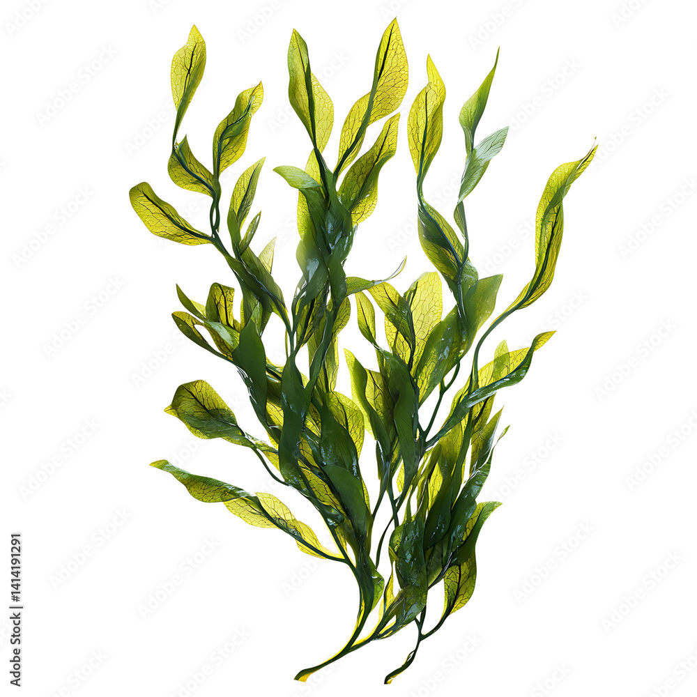 Detailed green seaweed fronds with curved leaves branching in different directions showing vibrant natural texture on a transparent background