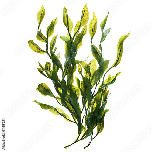 Obraz na płótnie Detailed green seaweed fronds with curved leaves branching in different directions showing vibrant natural texture on a transparent background w salonie