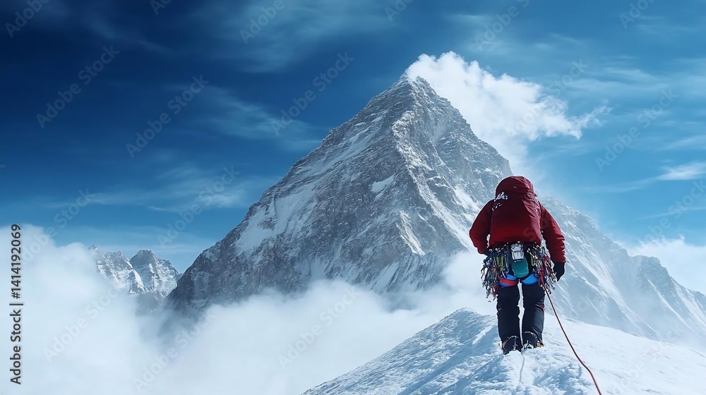 A lone climber ascends a snow-covered peak under a vibrant blue sky with billowing clouds. The climber wears a red jacket and backpack, with climbing gear visible. The scene conveys determination and A lone climber ascends a snow-covered peak under a vibrant blue sky with billowing clouds. The climber wears a red jacket and backpack, with climbing gear visible. The scene conveys determination and