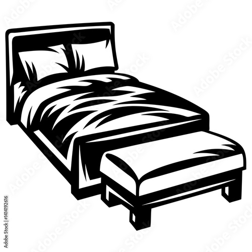 Black and white illustration of a bed with a bench at the foot