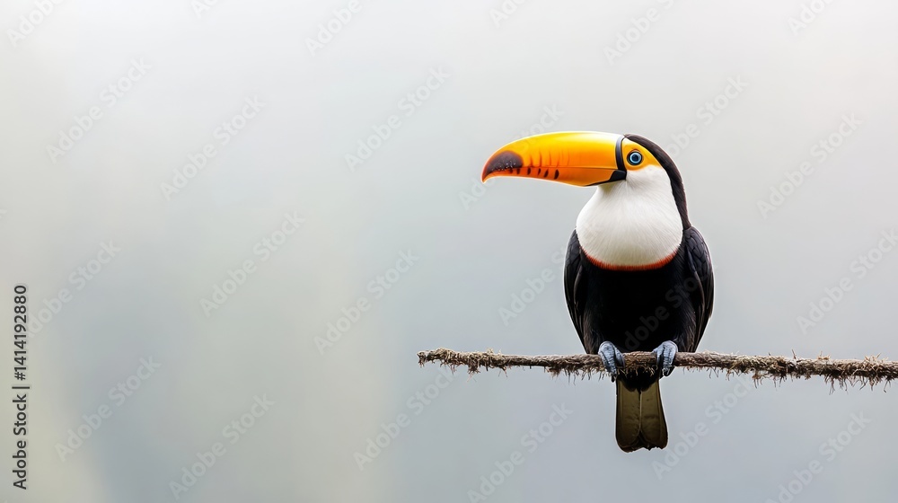 Obraz premium Vibrant toucan sits elegantly on a branch amidst the lush greenery of a misty tropical rainforest during the serene moments of dawn