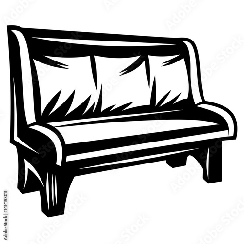 Monochrome Wooden Park Bench with Backrest and Armrests Vector Illustration