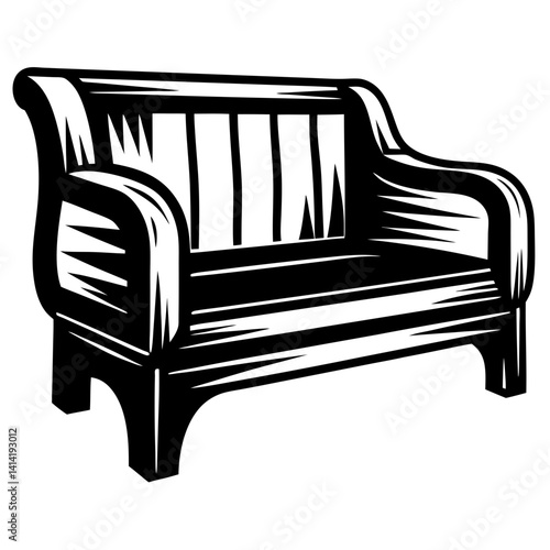 Black and white vector graphic of a decorative wooden park bench