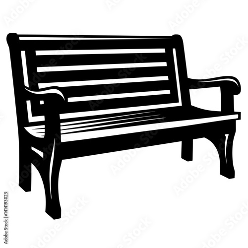 Stylized black and white illustration of a park bench with armrests