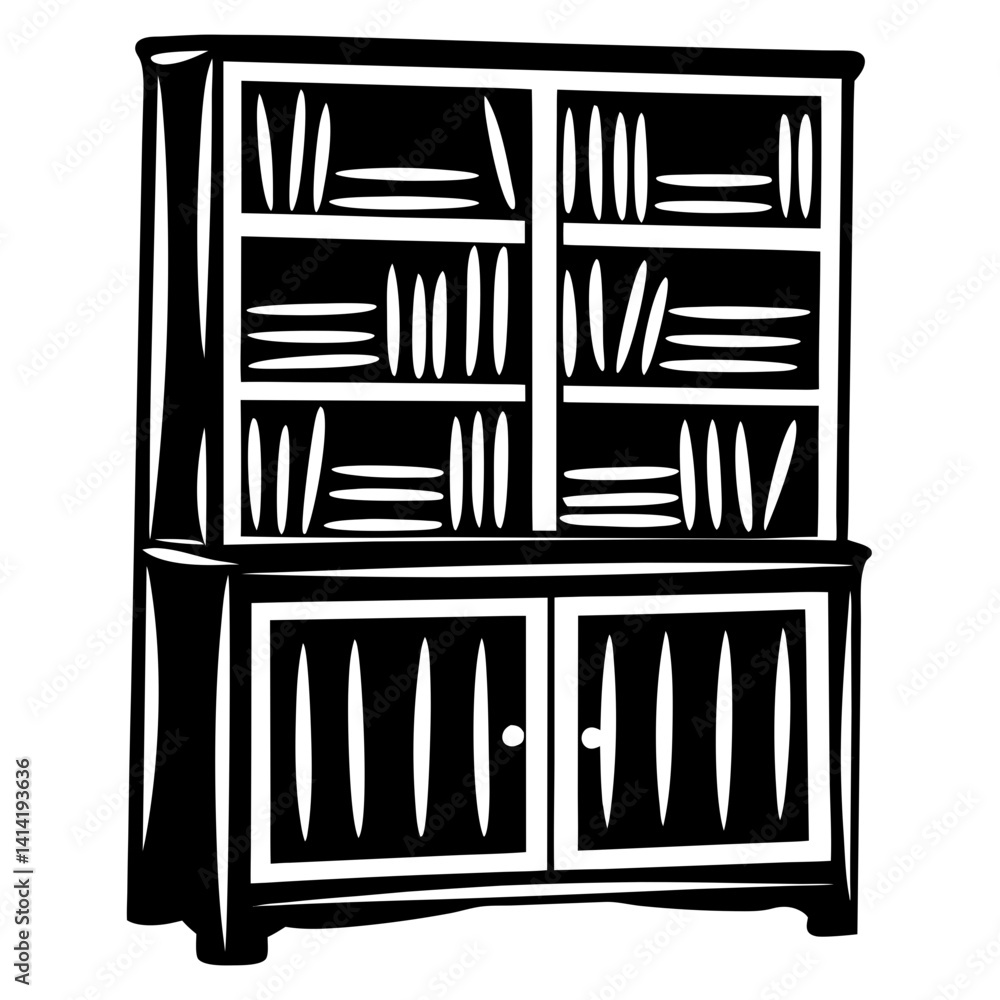Stylized black and white illustration of a twosection hutch cabinet storage furniture Stylized black and white illustration of a twosection hutch cabinet storage furniture
