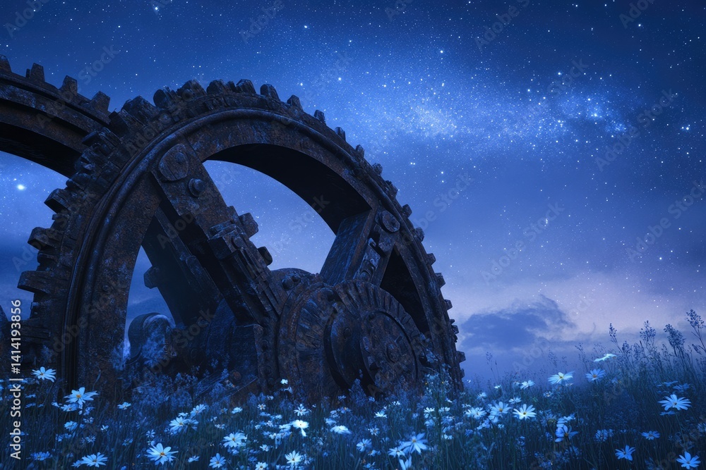Fototapeta premium Rusty gears rest in a field of daisies under a starlit night sky, a scene of serene beauty and forgotten industry.