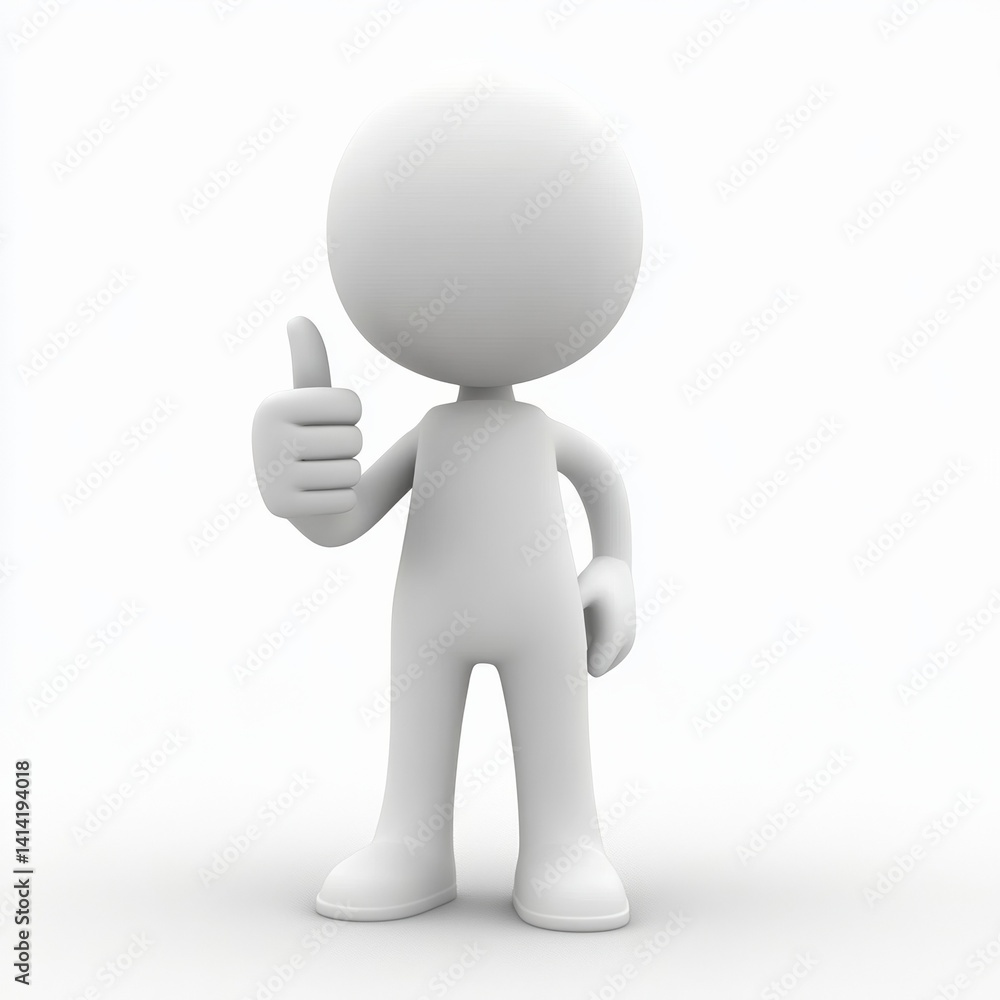 3D white stick figure giving thumbs up gesture on white background, simple positive approval icon, front view 3D white stick figure giving thumbs up gesture on white background, simple positive approval icon, front view