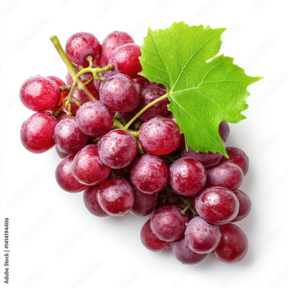 Fototapeta premium A bunch of red grapes with a green leaf isolated on white background