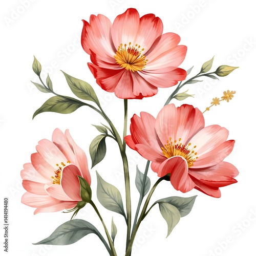 Beautiful Red and Pink Flowers with Green Leaves on White Background