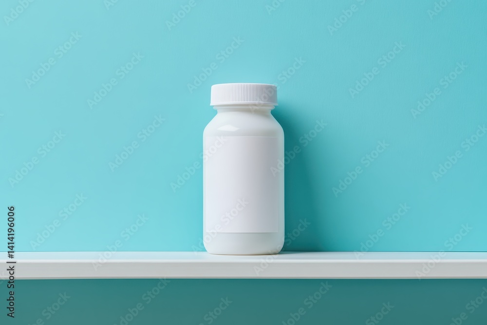 A white plastic bottle with a blank label sits on a shelf against a background