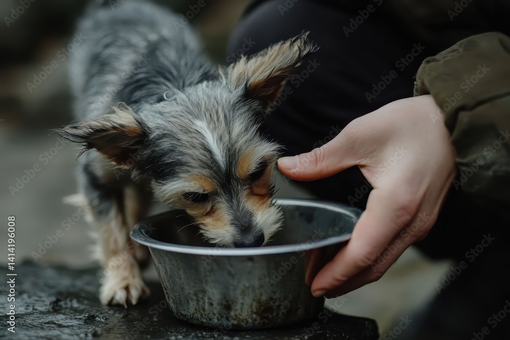 A hand feeding a small dog from a metal bowl