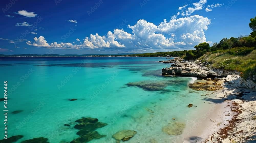 Stunning beach coastline with turquoise sea, rocky formations, and lush greenery under bright blue sky filled with fluffy clouds, creating serene landscape that invites relaxation and exploration. Stunning beach coastline with turquoise sea, rocky formations, and lush greenery under bright blue sky filled with fluffy clouds, creating serene landscape that invites relaxation and exploration.