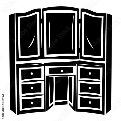 Elegant black and white dressing table with triple mirror and drawers
