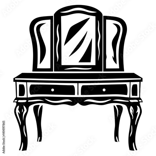 Ornate black and white dressing table with trifold mirror design