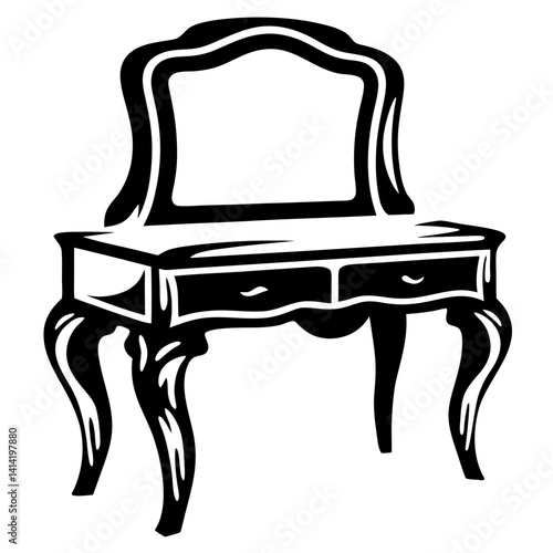 Monochrome illustration of an ornate vanity table with drawers and mirror