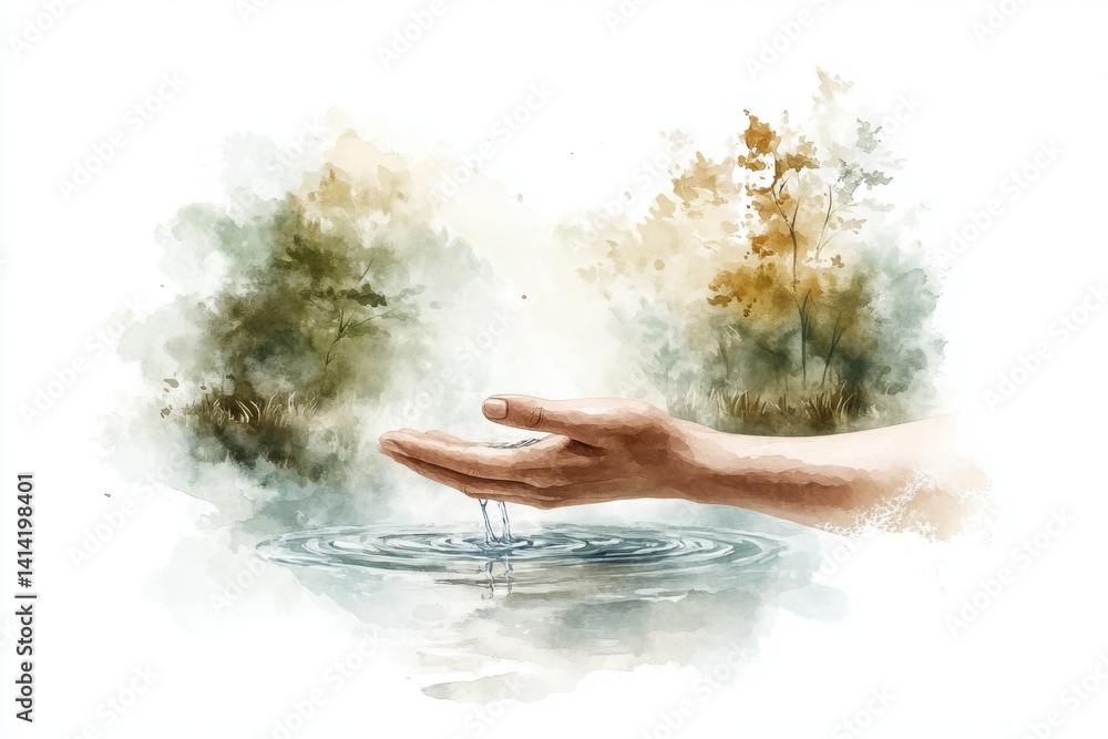 A serene hand reaches toward water, surrounded by nature, creating ripples and evoking tranquility and connection to the environment.