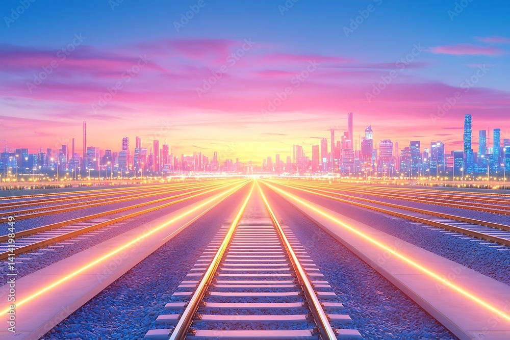 Fototapeta premium Futuristic Train Tracks Sunrise City