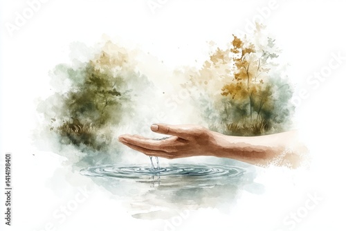 Obraz na płótnie A serene hand reaches toward water, surrounded by nature, creating ripples and evoking tranquility and connection to the environment. w salonie