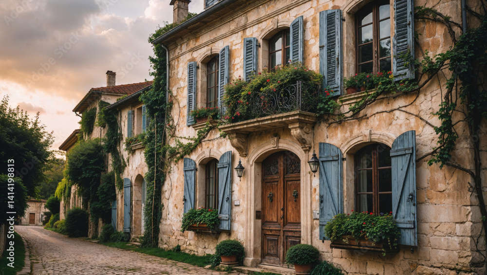 Fototapeta premium A beautiful aged stone building, adorned with blue shutters and lush plants, stands on an old cobblestone street.