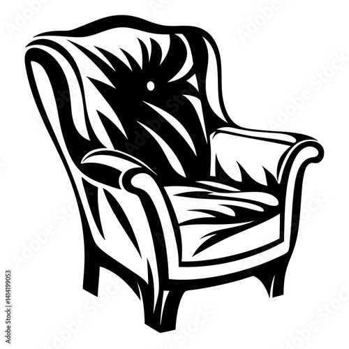 Striking black and white graphic illustration of a vintage upholstered armchair