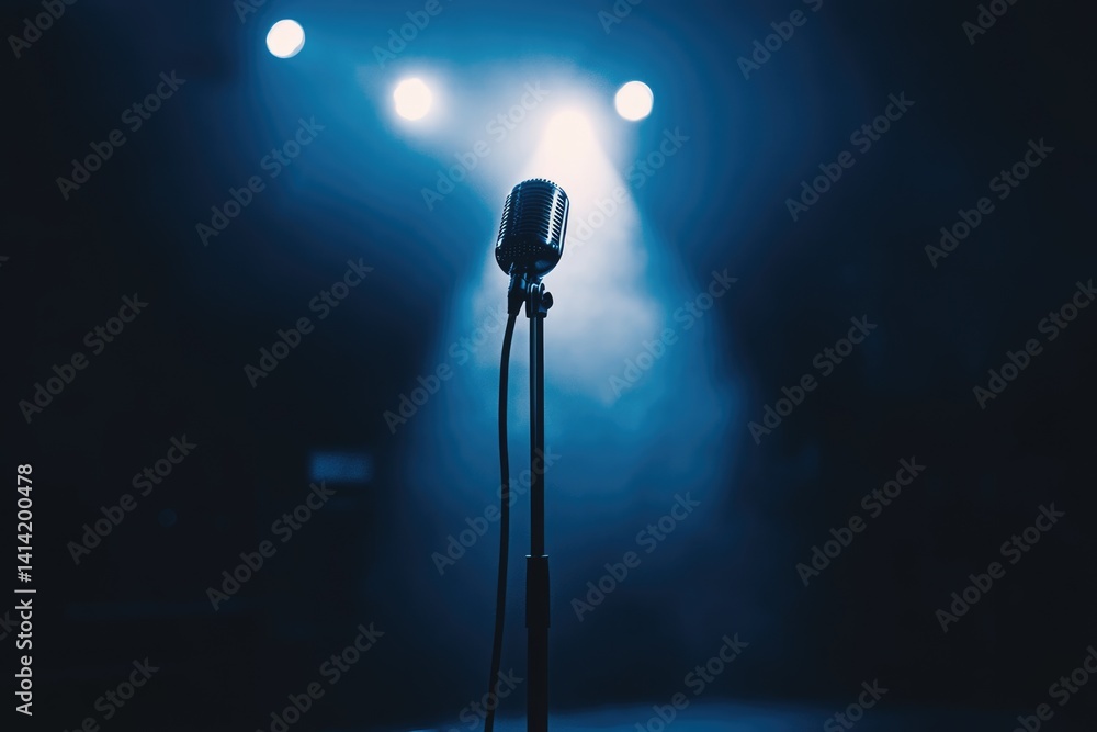 Obraz premium A vintage microphone stands alone on a dark stage, illuminated by spotlights, ready for a performance.