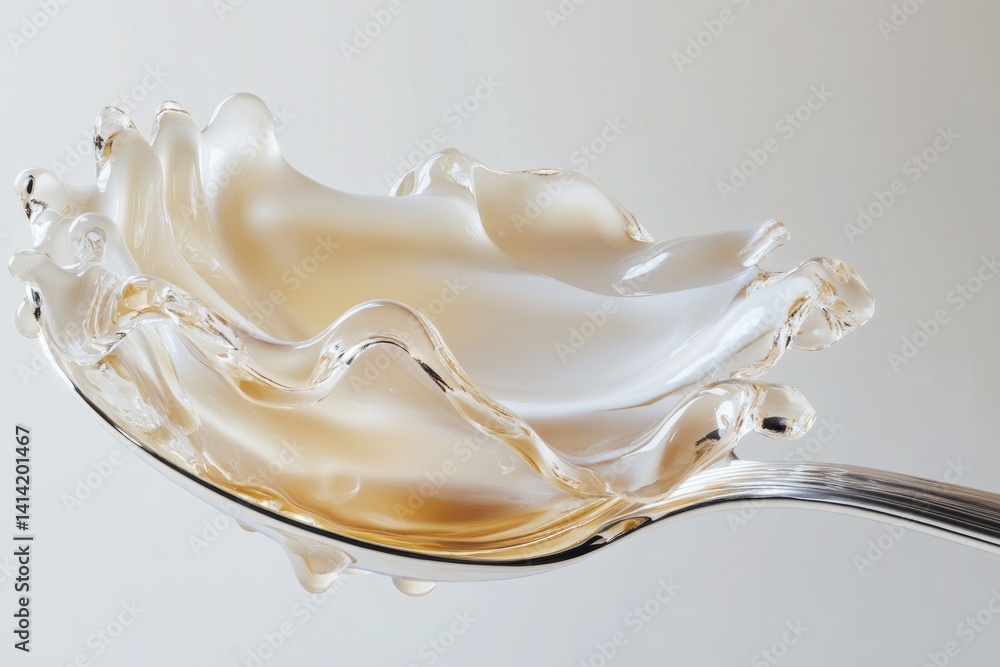 A splash of creamy liquid elegantly rests on a silver spoon, creating a beautiful, flowing form. A splash of creamy liquid elegantly rests on a silver spoon, creating a beautiful, flowing form.