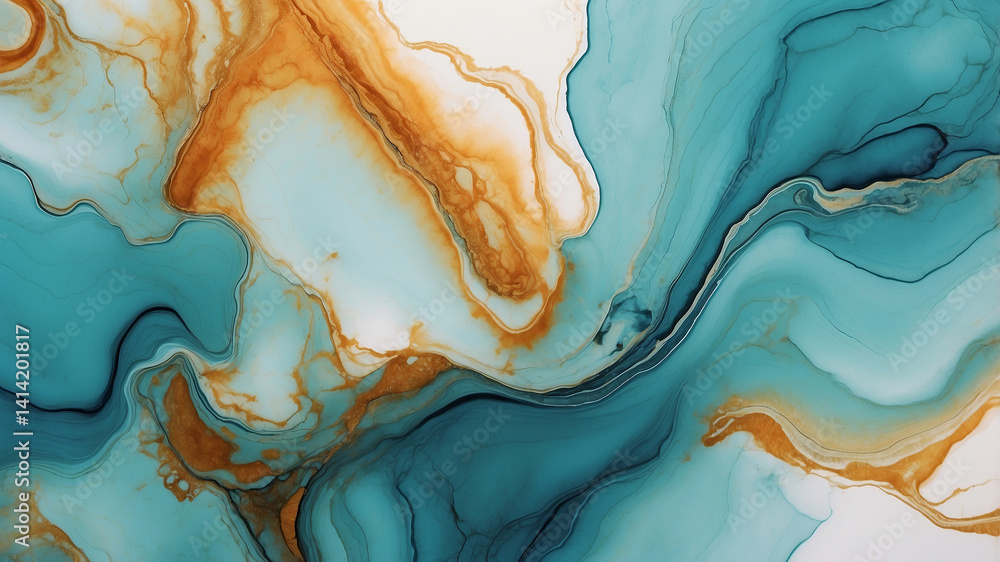 Fototapeta premium Abstract artwork featuring fluid teal and gold colors, evoking elegance and modern design aesthetics.