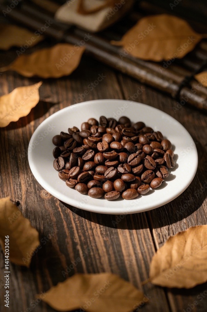 Fototapeta premium there is a plate of coffee beans on a wooden table
