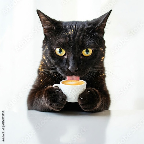 black cat with coffee
