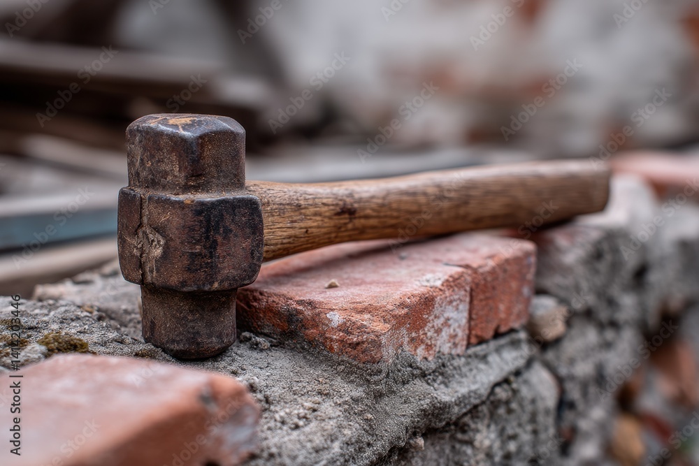 Old Hammer with Splintered Handle A heavily used hammer with a cracked wooden grip, resting on aged bricks. Old Hammer with Splintered Handle A heavily used hammer with a cracked wooden grip, resting on aged bricks.