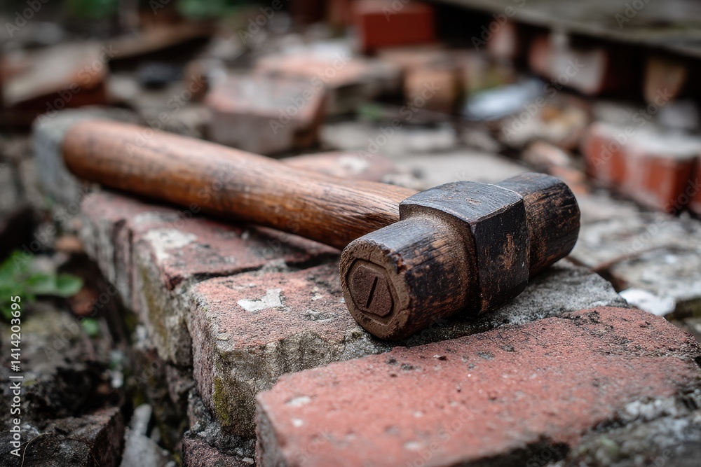 Old Hammer with Splintered Handle A heavily used hammer with a cracked wooden grip, resting on aged bricks. Old Hammer with Splintered Handle A heavily used hammer with a cracked wooden grip, resting on aged bricks.