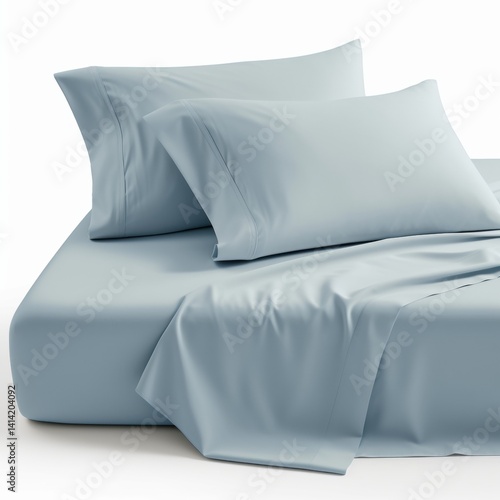Light blue bedding set with two pillows on white background