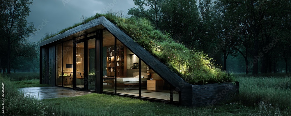 Fototapeta premium Modular eco-cabin placed in a rural setting featuring cross-laminated timber frames, green roof, and compact energy-efficient layout