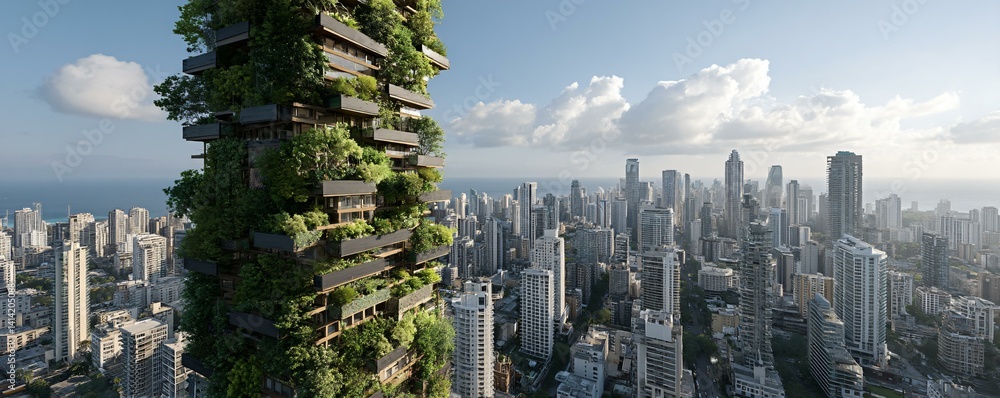 Fototapeta premium Multi-use sustainable tower featuring hybrid timber-steel structure, integrated solar faÃ§ade, and intelligent water reuse system for urban efficiency