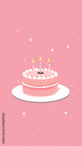 Pastel pink birthday cake with three lit candles on plate flat vector illustration