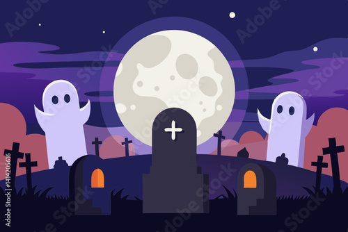 Spooky Ghosts in Graveyard with Full Moon
