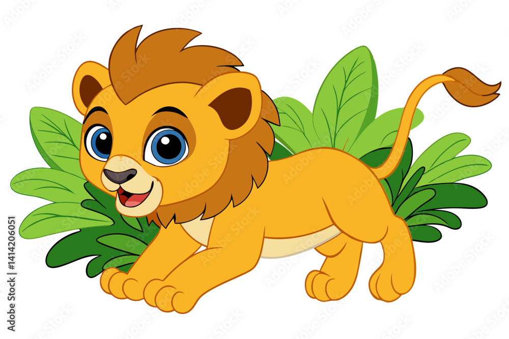 Naklejka premium Cartoon Lion Cub Running in Jungle Scene