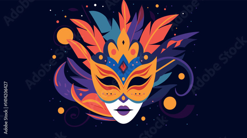 Vibrant carnival mask with colorful feathers and abstract design flat vector illustration