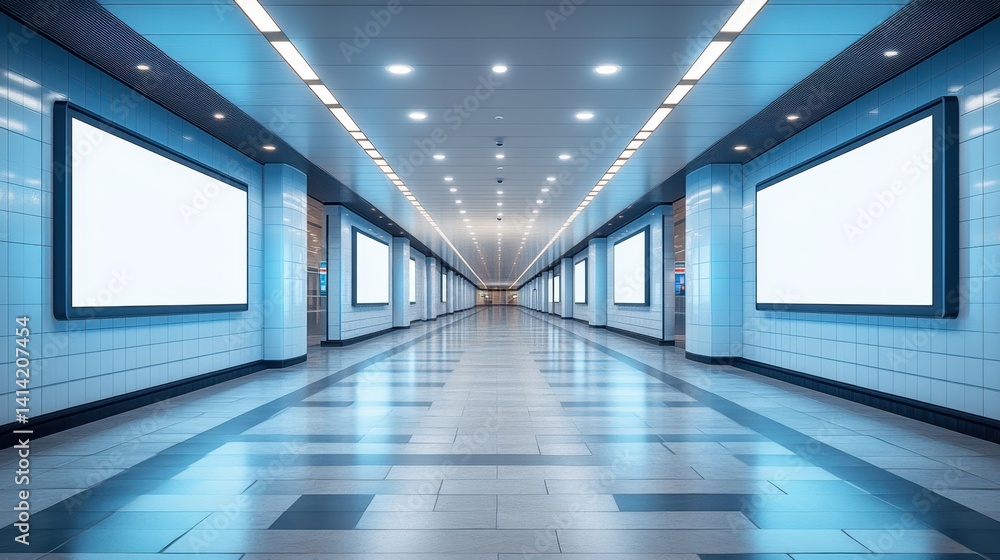Modern subway station hallway with illuminated billboards Modern subway station hallway with illuminated billboards