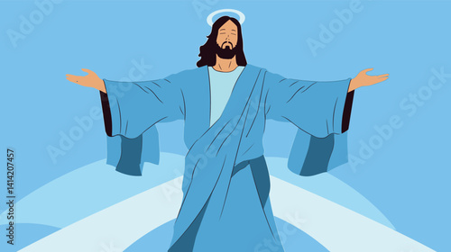 Illustrated figure of a bearded caucasian male with outstretched arms in blue robe and halo flat vector illustration
