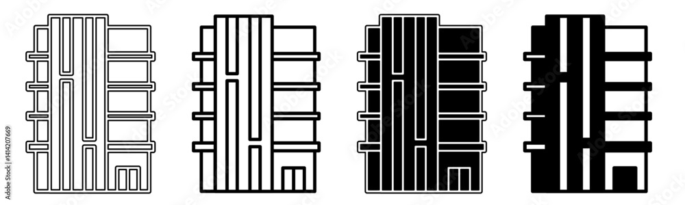 Black and white illustration of a building. Building icon collection with line. Stock vector illustration. Black and white illustration of a building. Building icon collection with line. Stock vector illustration.
